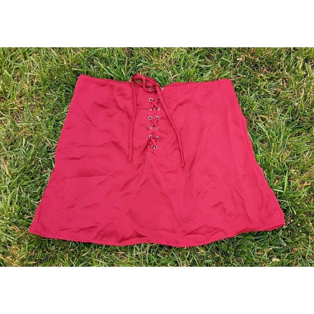 Whimsigoth Burgundy Lace Up Mini Skirt Size Large Y2K Coquette A-Line - Picture 1 of 8